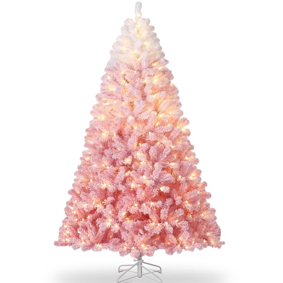 4.5 ft Pre-Lit Pink Artificial Christmas Tree - Snow Flocked Ombre, Warm White LED Lights, X-Shaped Metal Base, Easy 3-Step Setup