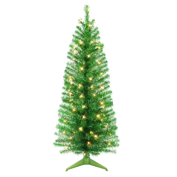 4.5 ft Pre-lit Green Tinsel Tree 160 Tips 70 UL Clear Incandescent Lights
