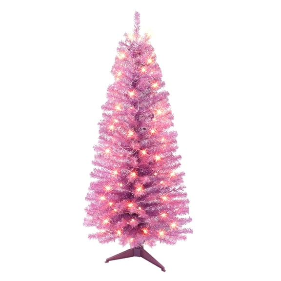 4.5 ft Pre-lit Pink Tinsel Tree 160 Tips 70 UL Clear Incandescent Lights