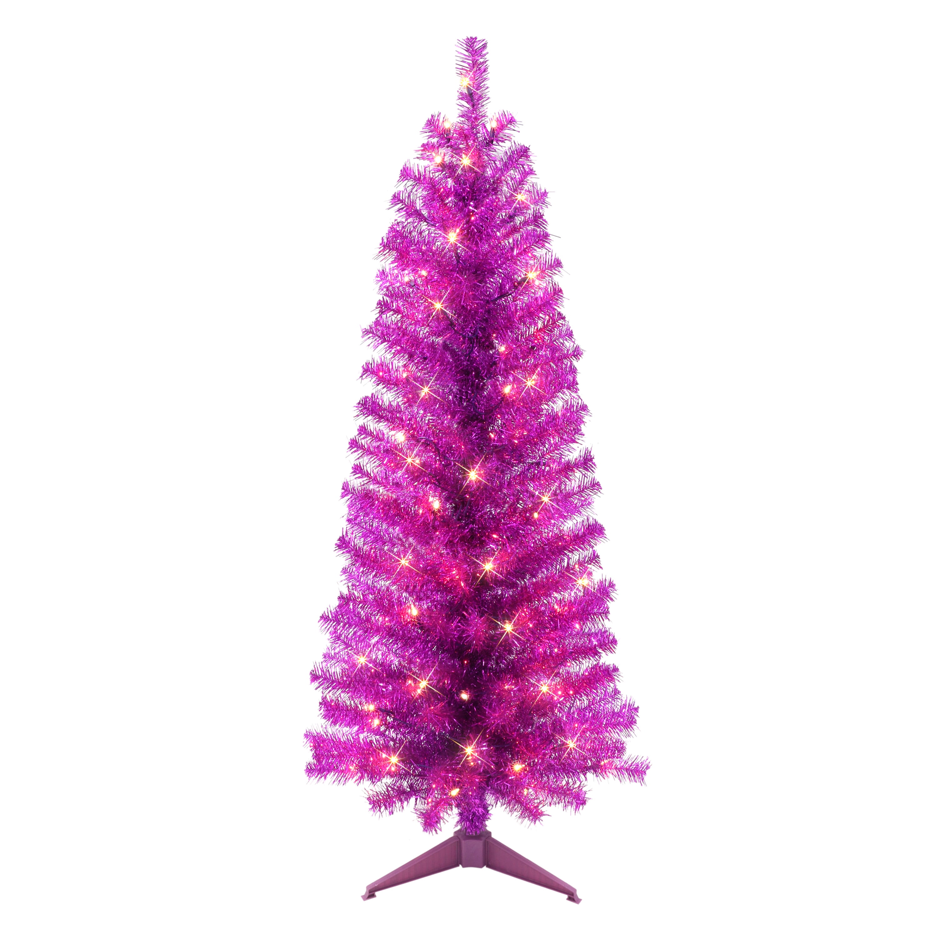 4.5 ft Pre-lit Purple Tinsel Tree 160 Tips 70 UL Clear Incandescent Lights
