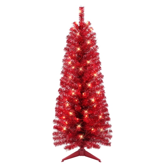 4.5 ft Pre-lit Red Tinsel Tree 160 Tips 70 UL Clear Incandescent Lights
