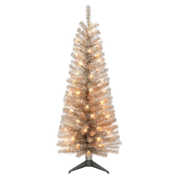 4.5 ft Pre-lit Rose Gold Tinsel Tree 160 Tips 70 UL Clear Incandescent Lights