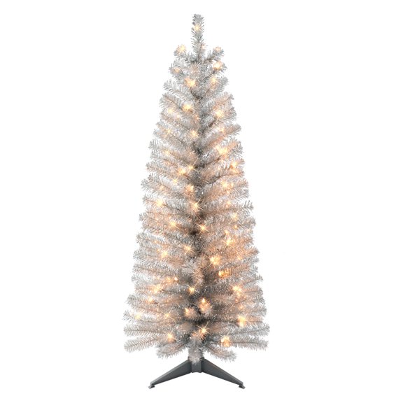 4.5 ft Pre-lit Silver Tinsel Tree 160 Tips 70 UL Clear Incandescent Lights
