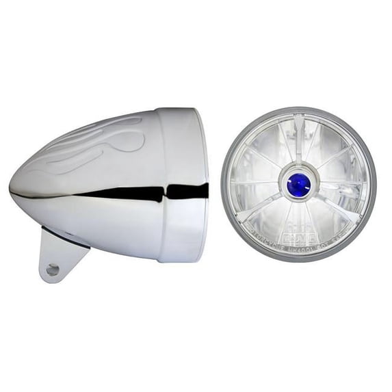 4.5 in. Flamed Headlight Bucket, Chrome with T40743 PC Tribar Blue Dot
