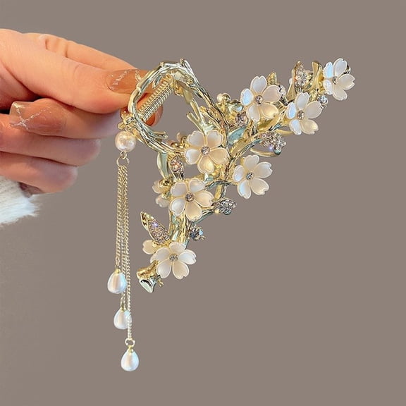 4.5 in Floral Claw Clip, Pearl Tassel, Gold Branch Frame, Birthday Gift for Her, Half Up Styling, Ivory Blooms, Rhinestone Accents, 1 Pc