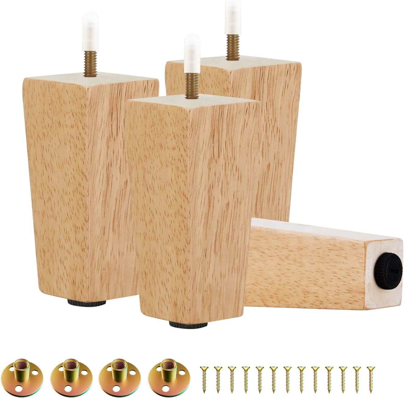 Square Adjustable Foot 4.5 in Square Wood Furniture Legs, Adjustable Feet, Natural Wood, 4 ...