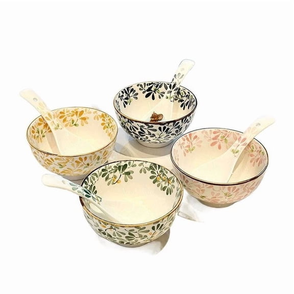 4.5-inch Floral Footed Bowl Set of 4 Colors, Under-glaze Ceramic Microwave & Oven Safe Bowls, Heat-Resistant Rice Noodle Bowls, Dishwasher Friendly Tableware