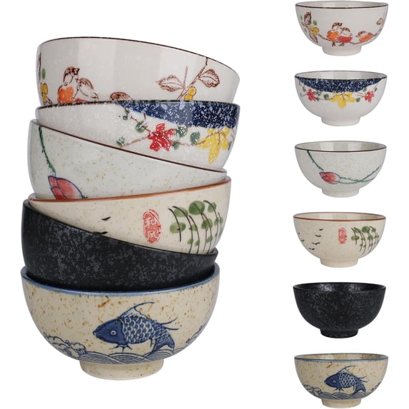 4.5-inch vintage Japanese rice bowl - hand-painted ceramic bowl set of 6 - small soup bowls suitable for grains, salad, desserts, ice cream, rice, noodles, dishwasher and microwave safe