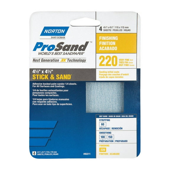 Norton ProSand 07660705311 Sanding Sheet, 4-1/2 in L, 4-1/2 in W, Very Fine, 220 Grit, Aluminum Oxide Abrasive