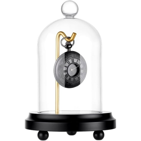 4.5" x 6.6" Pocket Watch Display Case Watch Glass Display Dome Cloche Clear Bell Jar with Solid Wood Base with Golden Metal Hook