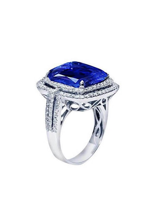 4.50 CT Cushion Ceylon Blue Sapphire & Round Diamond Engagement Ring, Size 6.5
