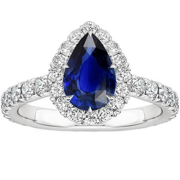 4.50 CT Halo Pear Sri Lankan Sapphire & Diamonds Anniversary Ring, Size 6.5