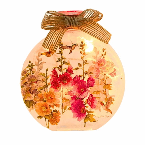 4.50In Hollyhocks Lit Round Jar W/Bow, Glass, Electric Flowers Mother's Day Lhh2217 Pink