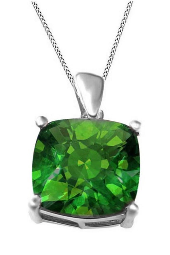 4.53 Carat 12mm Cushion Shape Green Helenite Pendant Necklace In 14K White Gold Over Sterling Silver With 18" Rope Chain