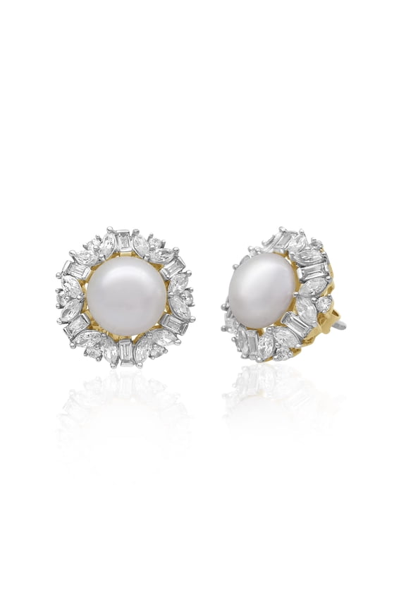 4.57 Cttw White CZ Pearl Stud Earrings 925 Sterling Silver, Round Baguette Marquise Cut Cubic Zirconia Earrings for Women, Screw Back