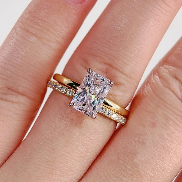 Gold Rong's 4.5CT Radiant Solitaire Engagement Ring Bridal Set Two Tone Yellow Gold ...