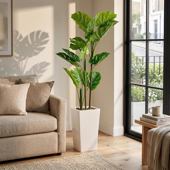 4.5FT Artificial Monstera Plant with White Tall Planter