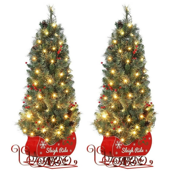 4.5FT Christmas Tree with Lights, Pre-Lit Artificial Desktop Xmas Tree with 8 Mode Includes Red Berries & Sleigh Base for Holiday Indoor DIY Christmas Decor,2 PCS