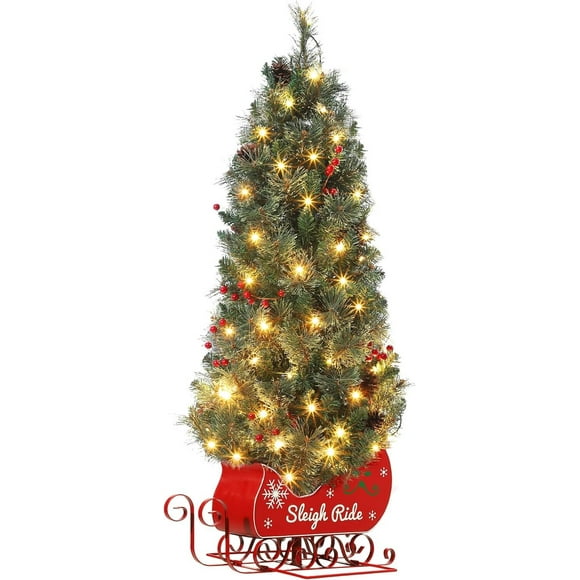 4.5FT Christmas Tree with 85 Lights, Pre-Lit Artificial Mini Christmas Tree with 8 Mode Includes Red Berries & Sleigh Base for Front Door, Porch