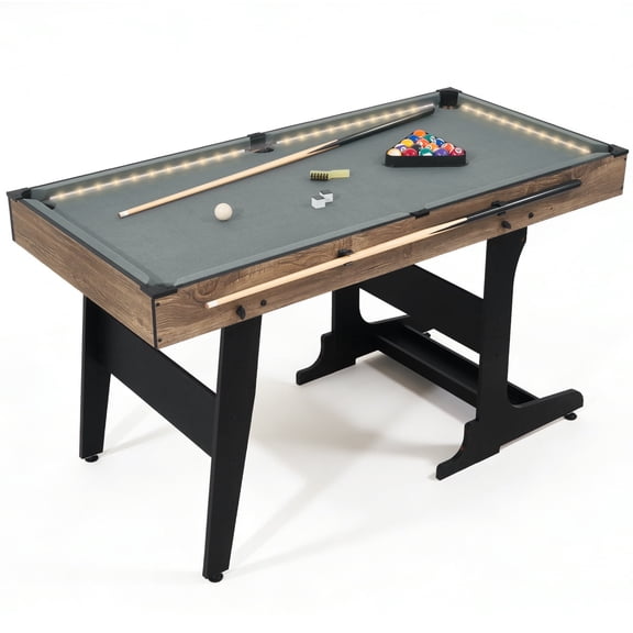 4.5FT Portable Folding Pool Table, LED Billiard Table Set with Built-in Cue & Ball Storage, Compact Indoor Game Table for Adults, Kids & Family