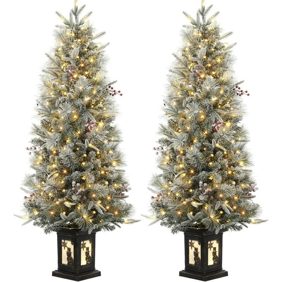 4.5FT Pre-Lit Artificial Christmas Tree with Snow Flocked Branches, 8-Mode Warm White LED Lights, Mini Xmas Pine Tree for Indoor/Outdoor Use, Snowman Base, 2PCS