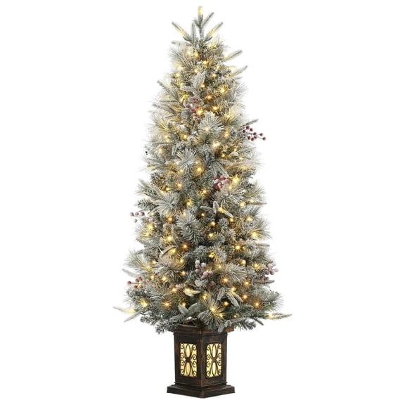 4.5FT Pre-Lit Artificial Spruce Christmas Tree with 200 Warm White LEDs | Features 8-Mode Timer & Illuminated Pot Base for a Festive Welcome in Entrances