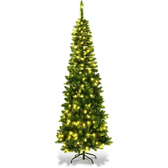 4.5FT Pre-Lit Pencil Christmas Tree, Artificial Slim Christmas Tree with 150 LED Lights and Solid Metal Stand, Spruce Hinged Christmas Decoration Tree, Suitable for Indoor and Outdoor