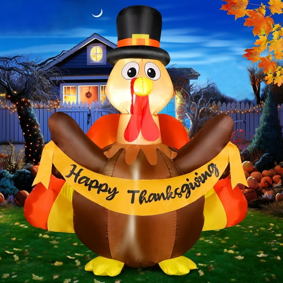 4.5FT Thanksgiving Inflatable Turkey with Banner Outdoor & Indoor Decorations for Lawn Yard Party House, Blow up Turkey with Bright LED Lights and Colorful Tail, Great Durability and Long Life