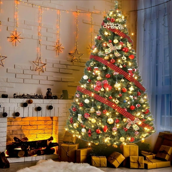 4.5Ft/6Ft/7.5Ft/9Ft Pre-lit Christmas Tree, Hinged Artificial Xmas Tree, Full Shape PE/PVC Tips, Easy Setup 3 Steps, Flame Retardant for Home Holiday Decor