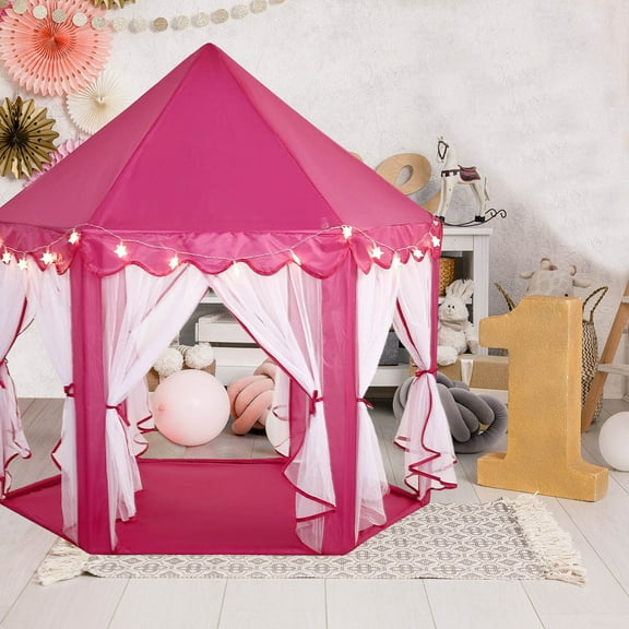 4.5Ft Pink Princess Castle Play House Tent with Star LED Garlands and Carry Bag