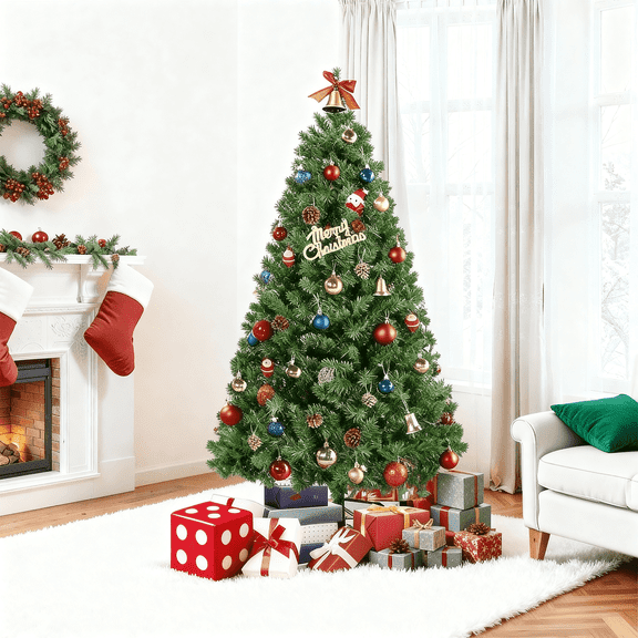 4.5Ft Pre-Lit Artificial Christmas Tree Prelighted Fake Xmas Tree with Foldable Metal Stand,350 Branch Tips,100 Warm White Lights,Green