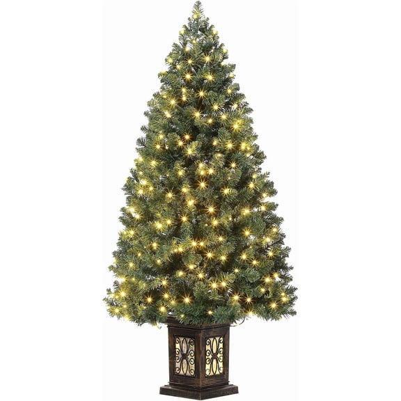 4.5Ft Pre-Lit Artificial Christmas Tree with 200 LEDs,Full Hinged PVC Tree with Red Berry Clusters,Indoor Small Holiday Tree for Christmas Decorating