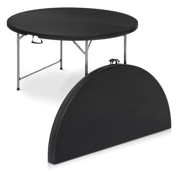 4.5Ft Round Plastic Folding Table, Black Banquet Table, Metal Frame, Portable for Weddings, Parties, Picnics, Home Office