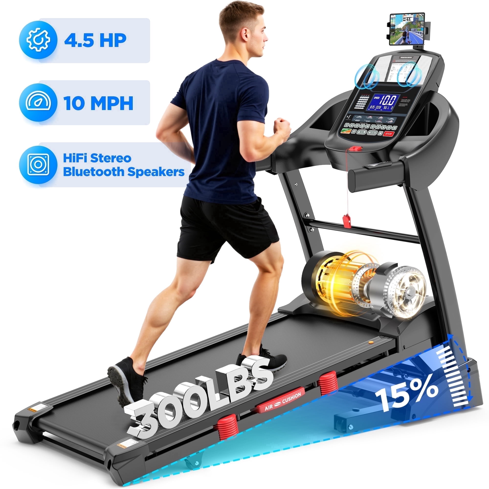 4.5HP Foldable Treadmill for Home, Running Walking Machine, 15° Auto Incline, 10MPH, 300 Lb Capacity, APP w/ Free Training Courses, 71 Programs, Pulse Sensor, Bluetooth, Knee Strap Gift