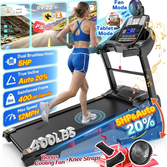 5HP Foldable Treadmill for Home w/ 20% Auto Incline, 400lbs Capacity, 12MPH Portable Treadmill, 64+7 Programs, Personalized Workout with APP, Running Walking treadmill