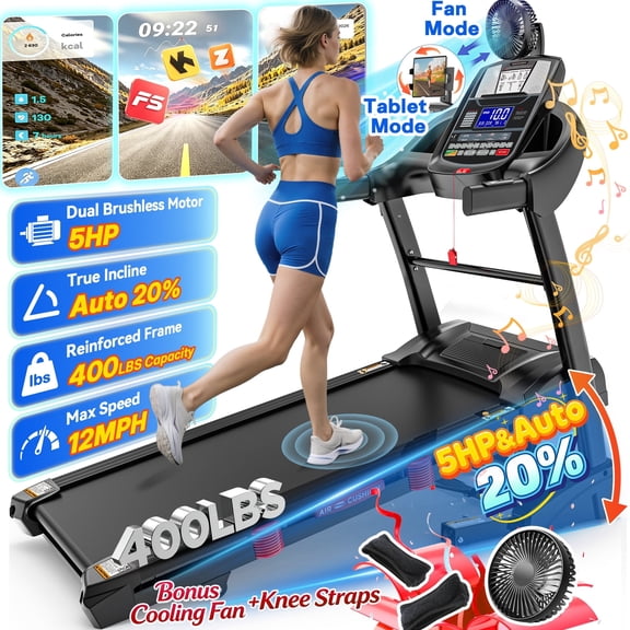 5HP Foldable Treadmill for Home w/ 20% Auto Incline, 400lbs Capacity, 12MPH Portable Treadmill, 64+7 Programs, Personalized Workout with APP, Running Walking treadmill