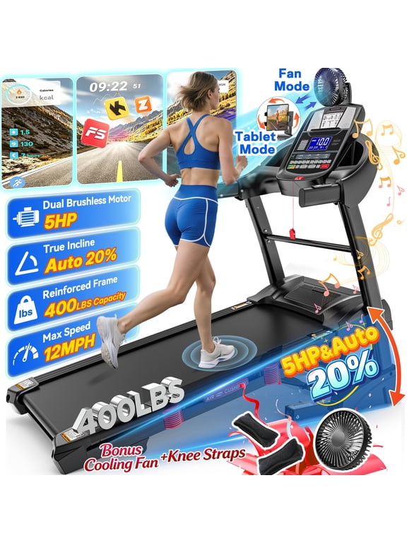 5HP Foldable Treadmill for Home w/ 20% Auto Incline, 400lbs Capacity, 12MPH Portable Treadmill, 64+7 Programs, Personalized Workout with APP, Running Walking treadmill