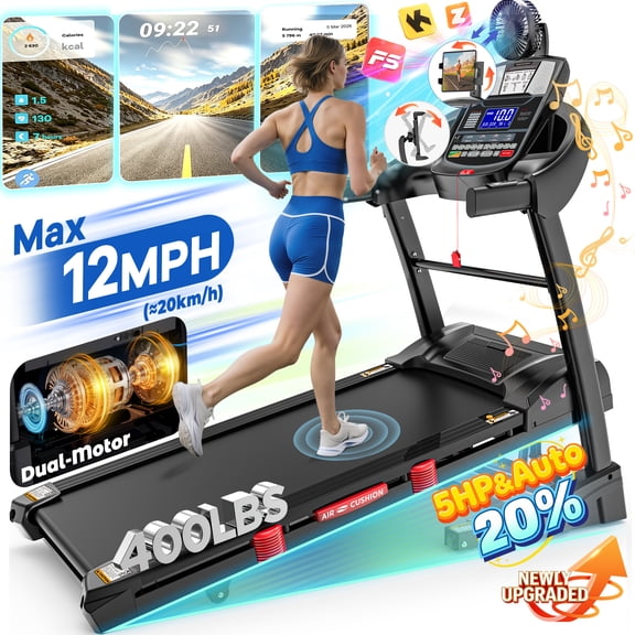 5HP Foldable Treadmill for Home w/ 15% Auto Incline, 400lbs Capacity, 10MPH Portable Treadmill, 64+7 Programs, Personalized Workout with APP, Running Walking treadmill