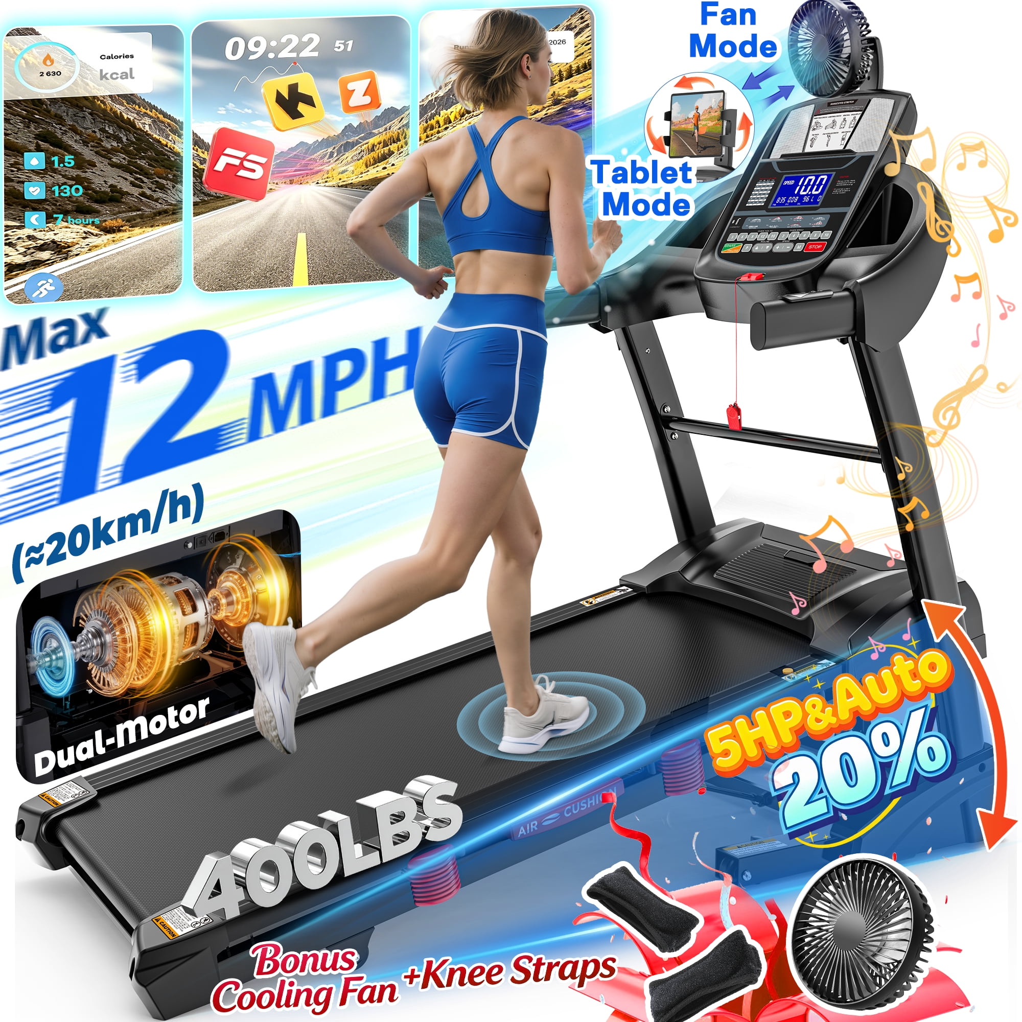 5HP Foldable Treadmill for Home w/ 20% Auto Incline, 400lbs Capacity, 12MPH Portable Treadmill, 64+7 Programs, Personalized Workout with APP, Running Walking treadmill