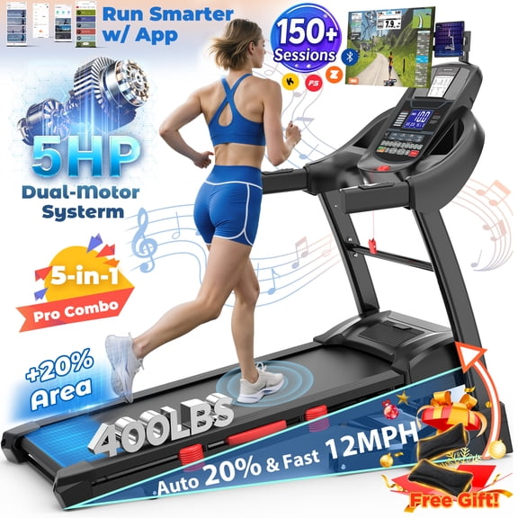 5HP Foldable Treadmill for Home w/ 15% Auto Incline, 400lbs Capacity, 10MPH Portable Treadmill, 64+7 Programs, Personalized Workout with APP,  Running Walking treadmill