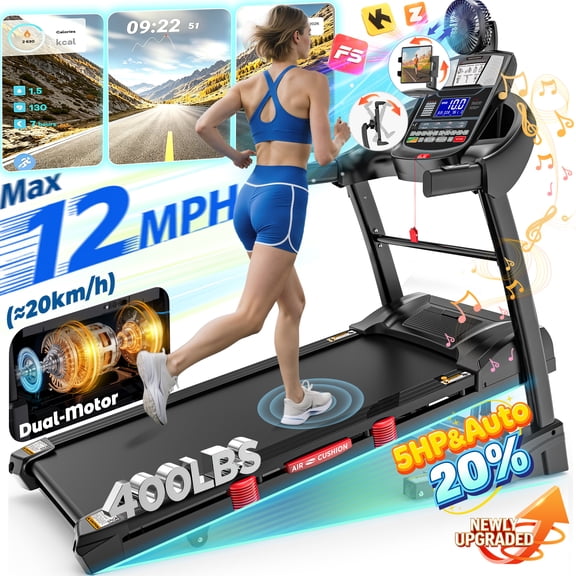 5HP Foldable Treadmill for Home w/ 20% Auto Incline, 400lbs Capacity, 12MPH Portable Treadmill, 64+7 Programs, Personalized Workout with APP, Running Walking treadmill