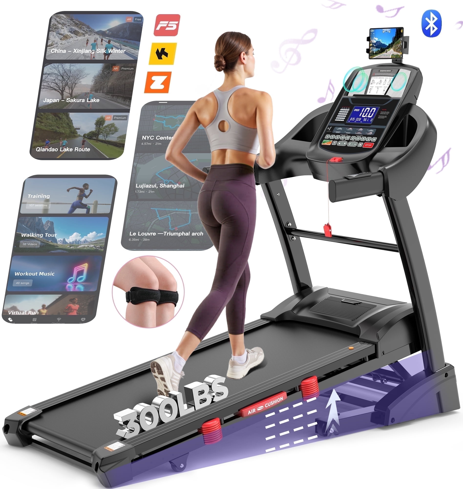 4.5HP Folding Treadmill 300lbs capacity, Automatic Incline Treadmill with FitShow APP & HiFi Bluetooth Speakers, Electronic 0.6-12MPH Treadmill for Home Office Gym Use