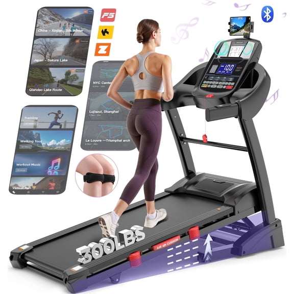 4.5HP Folding Treadmill 300lbs capacity, Automatic Incline Treadmill with FitShow APP & HiFi Bluetooth Speakers, Electronic 0.6-12MPH Treadmill for Home Office Gym Use