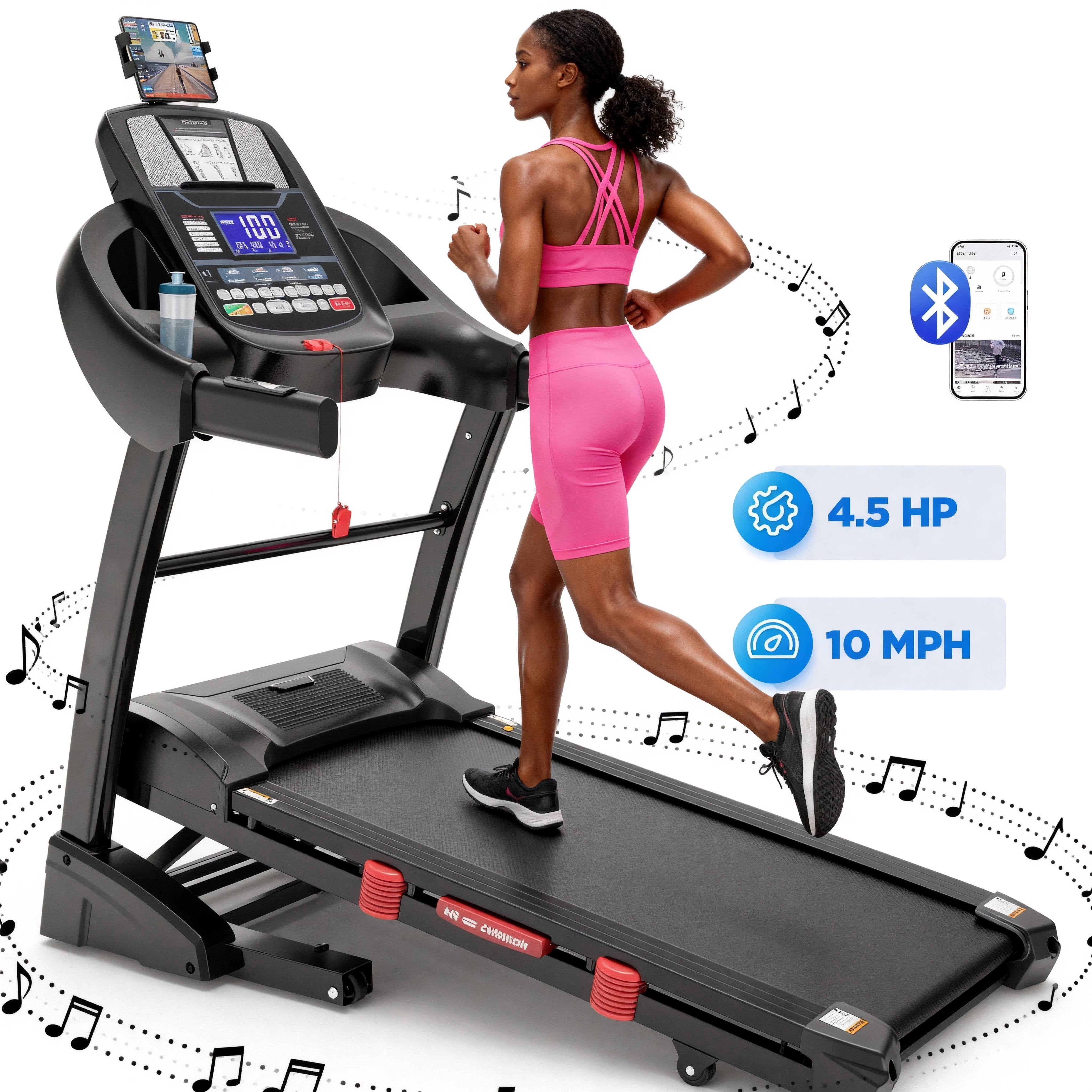 4.5HP Folding Treadmill for Home with 15% Auto Incline, 300lb Capacity, Portable Foldable Treadmill, APP Control, HiFi Bluetooth Speakers, 10MPH Speed, 71 Programs, Jogging walking treadmill