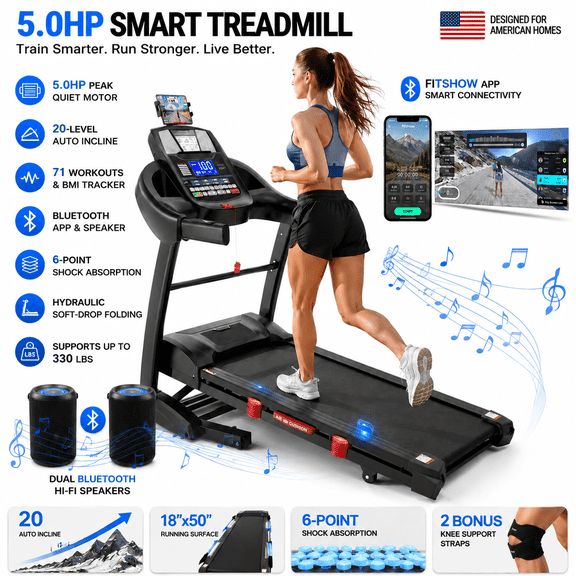 5HP Folding Treadmill with Handrails for Home, 20% Auto Incline, 71 Programs, App Control, 12MPH, 300-400 lb Capacity, Bluetooth Speakers, Shock Absorption