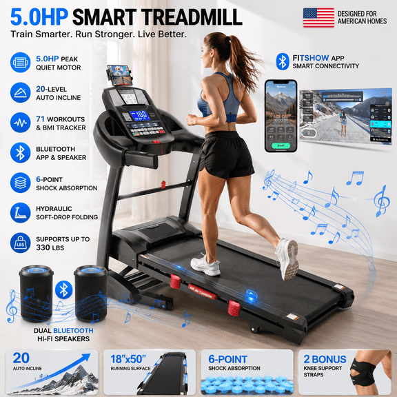 5HP Folding Treadmill with Handrails for Home, 20% Auto Incline, 71 Programs, App Control, 12MPH, 300-400 lb Capacity, Bluetooth Speakers, Shock Absorption