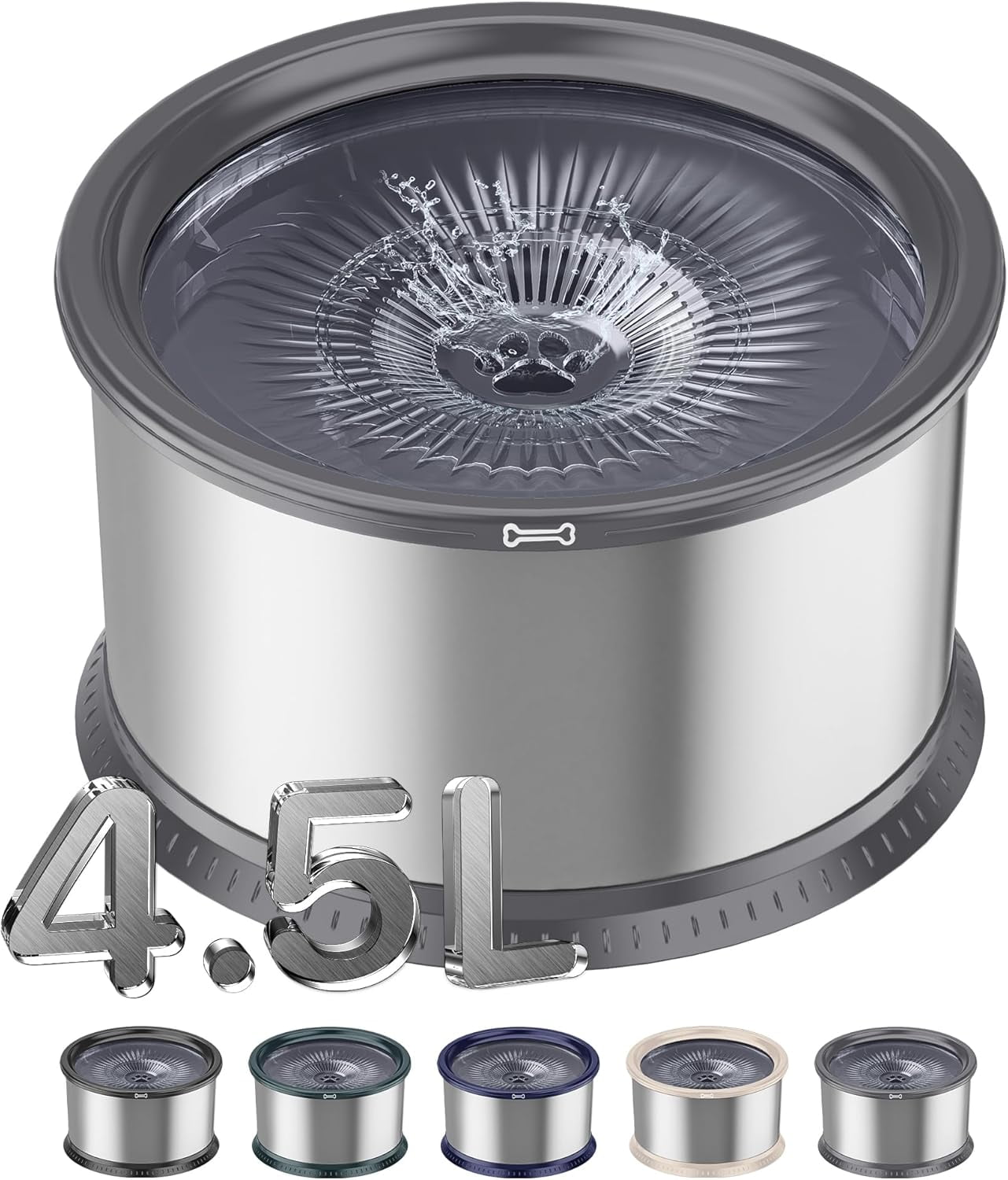 4.5L/1.2Gal Dog Water Bowl, No Spill Stainless Steel Slow Water Bowl for Medium Large Dogs, Large Capacity Splash Proof Slow Drinking Water Bowls with Anti-Slip Mat for Mess Drinkers, Gray
