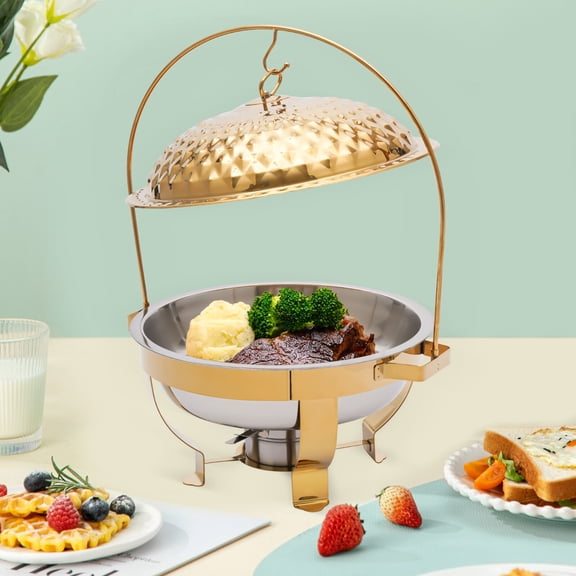 4.5L Gold Round Stainless Steel Chafer Buffet Servers and Warmers Set Warming Tray for Wedding, Parties