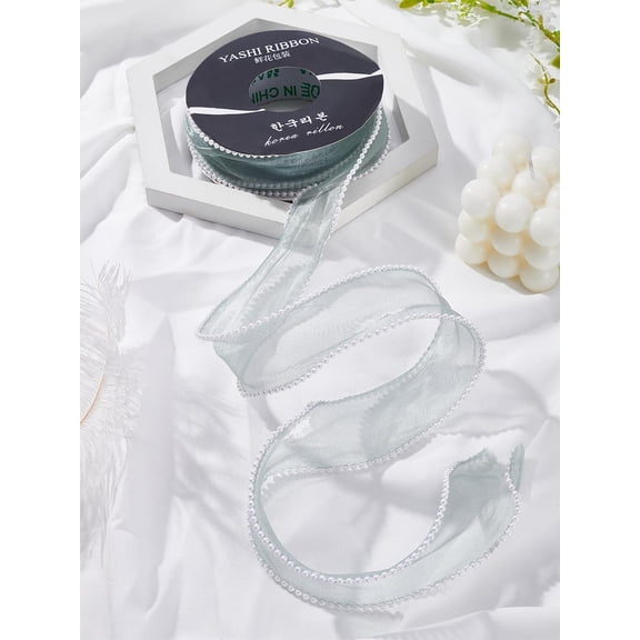 4.5M Dark Sea Green Polyester Lace Trim Organza Ribbon with Plastic Beads Lace Ribbon for Gift Wrapping Christmas Tree Crafts Wedding Invitations Wreaths Wrap 1-5/8 inch(40mm) Colorful