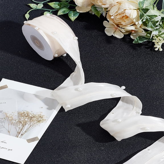 4.5M Polyester Ribbon with Plastic Imitation Pearl Linen Craft Decorative Trim Emobridered Ribbon
